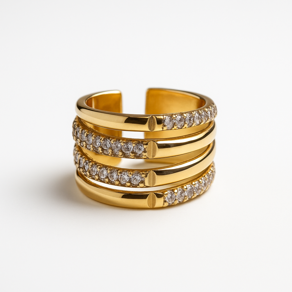 4 Şeritli Çelik Gold Yüzük