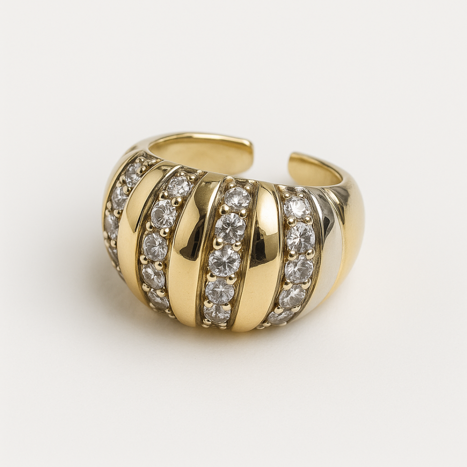 Bombeli Şerit Taşlı Çelik Yüzük