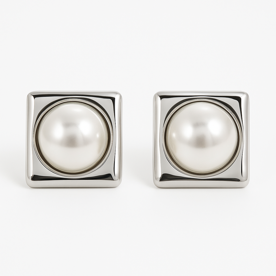Kare Büyük İnci Detay Silver Çelik Küpe