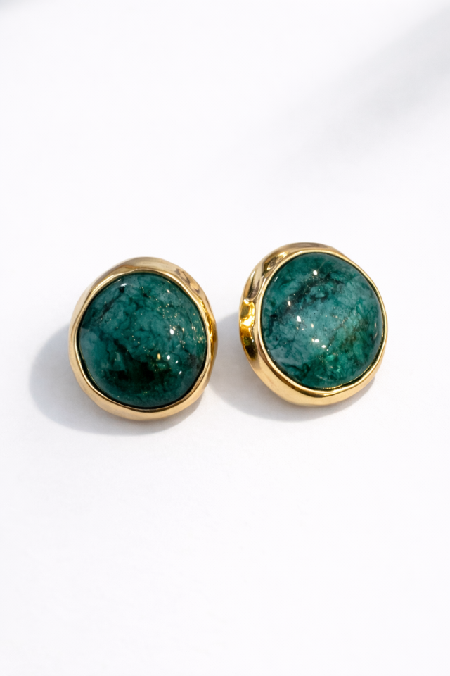 Gold Yeşil Detay Modern Küpe