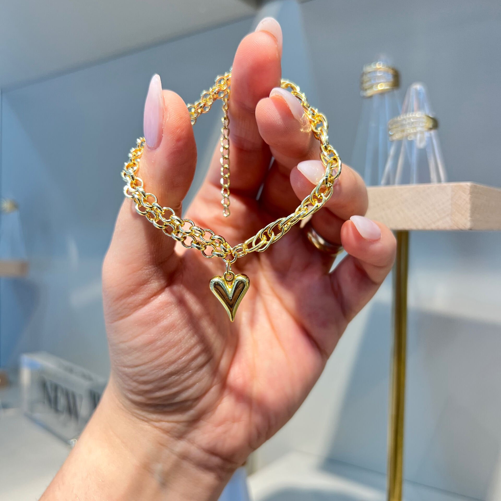 14 K Çift Zincirli Kalpli Tasarım Şans Bileklik