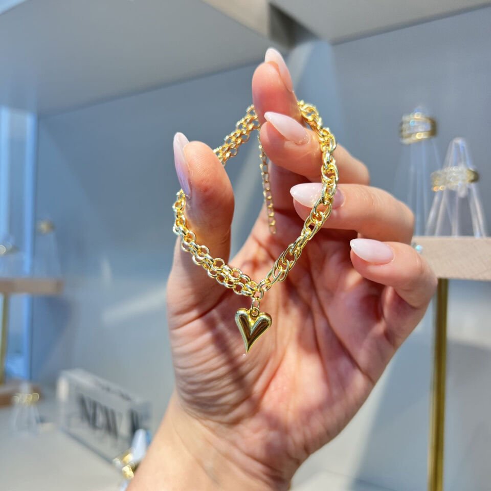 14 K Çift Zincirli Kalpli Tasarım Şans Bileklik