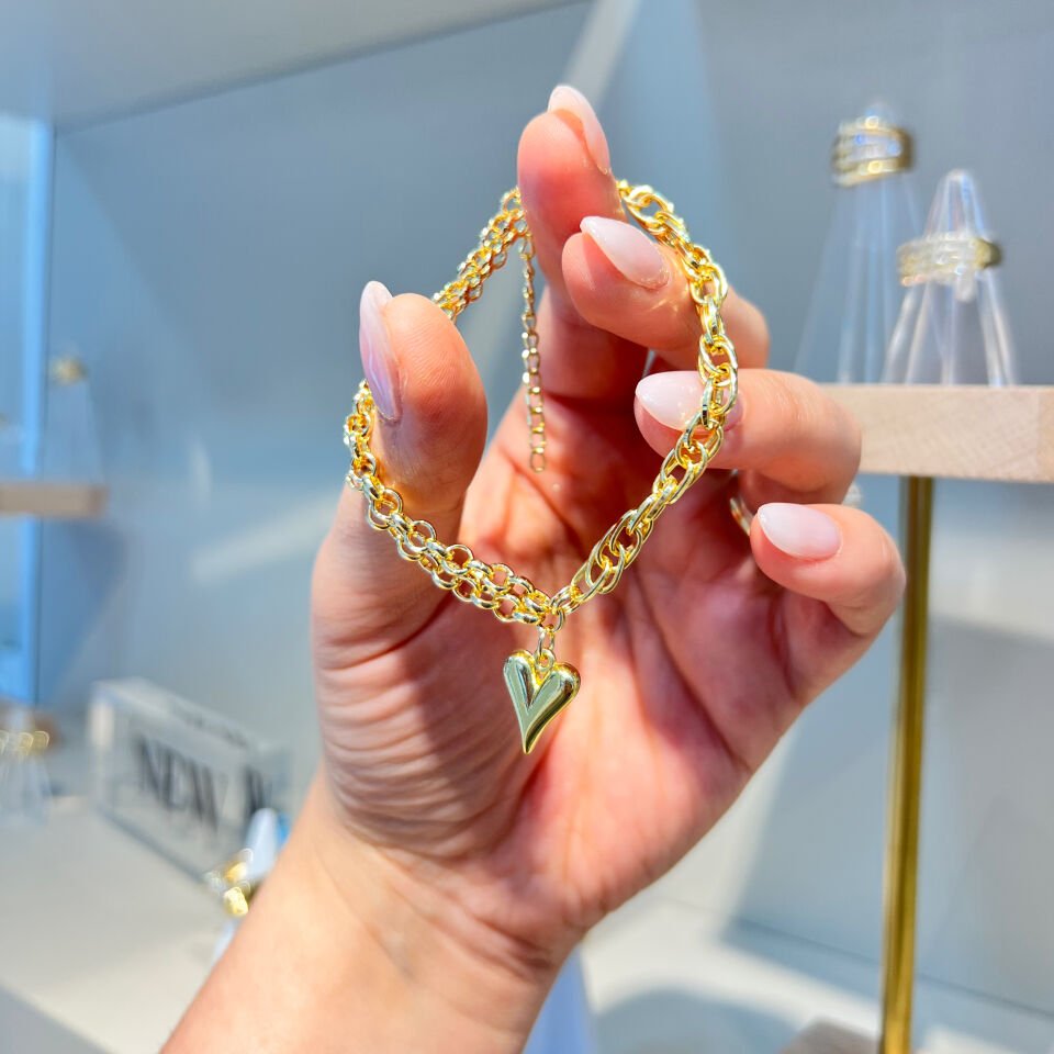 14 K Çift Zincirli Kalpli Tasarım Şans Bileklik