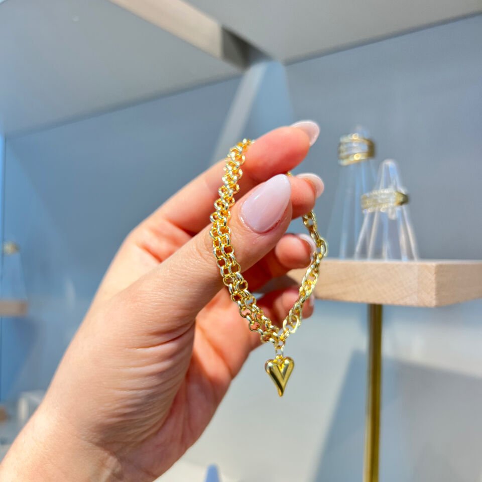 14 K Çift Zincirli Kalpli Tasarım Şans Bileklik